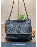 YSL YVES SAINT LAURENT NIKI SHOULDER BAG IN FULL BLACK VINTAGE CRINKLE LEATHER CHEVRON QUILTING 