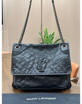 YSL YVES SAINT LAURENT NIKI SHOULDER BAG IN FULL BLACK VINTAGE CRINKLE LEATHER CHEVRON QUILTING 