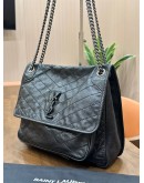YSL YVES SAINT LAURENT NIKI SHOULDER BAG IN FULL BLACK VINTAGE CRINKLE LEATHER CHEVRON QUILTING 