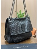 YSL YVES SAINT LAURENT NIKI SHOULDER BAG IN FULL BLACK VINTAGE CRINKLE LEATHER CHEVRON QUILTING 