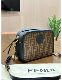 FENDI ROMA ZUCCA CAMERA CASE BAG IN SIGNATURE BLACK WITH BROWN FF LOGO MOTIF COATED CANVAS & LEATHER