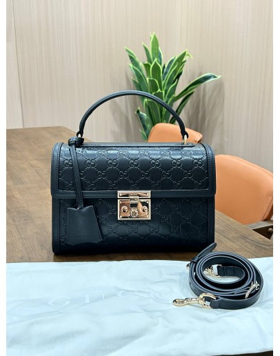 GUCCI PADLOCK MEDIUM TOP HANDLE BAG IN BLACK EMBOSSED GG LEATHER 