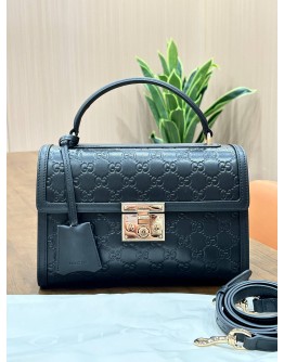 GUCCI PADLOCK MEDIUM TOP HANDLE BAG IN BLACK EMBOSSED GG LEATHER 