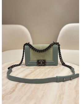 CHANEL SMALL BOY SHOULDER CHAIN BAG IN TEAL GALUCHAT STINGRAY & CALFSKIN LEATHER