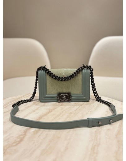 CHANEL SMALL BOY SHOULDER CHAIN BAG IN TEAL GALUCHAT STINGRAY & CALFSKIN LEATHER