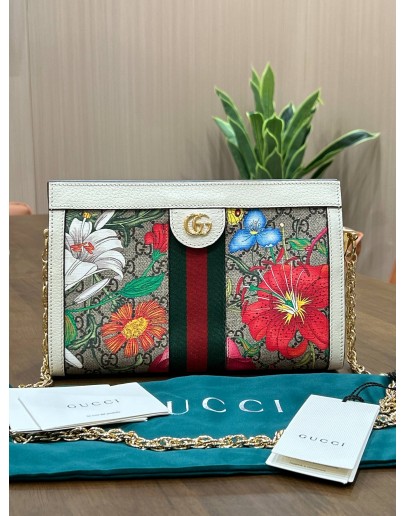 GUCCI OPHIDIA FLORA CHAIN SHOULDER BAG IN VIBRANT FLORAL PRINTS SET WITH ICONIC GG CANVAS 