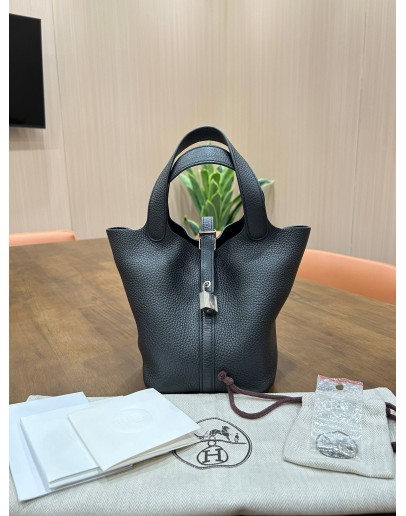 HERMES PICOTIN 18 IN BLACK TOGO LEATHER WITH PALLADIUM HARDWARE 