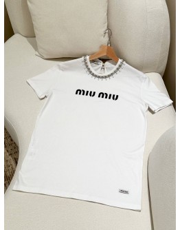 MIU MIU CRYSTAL AND PEARL-EMBELLISHED LOGO T-SHIRT