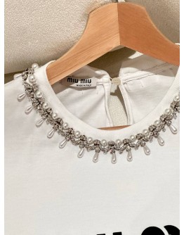 MIU MIU CRYSTAL AND PEARL-EMBELLISHED LOGO T-SHIRT