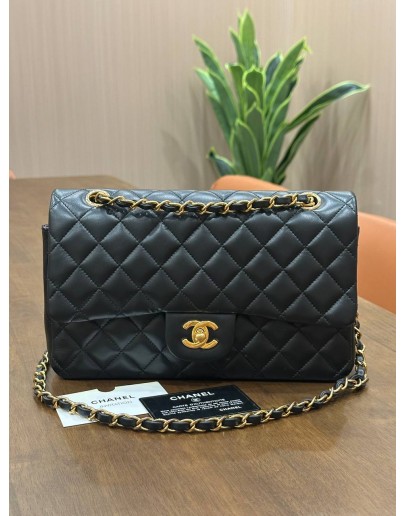 CHANEL CLASSIC MEDIUM DOUBLE FLAP BAG IN BLACK LAMBSKIN LEATHER WITH GOLD HARDWARE 