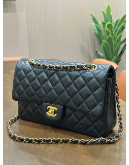 CHANEL CLASSIC MEDIUM DOUBLE FLAP BAG IN BLACK LAMBSKIN LEATHER WITH GOLD HARDWARE 