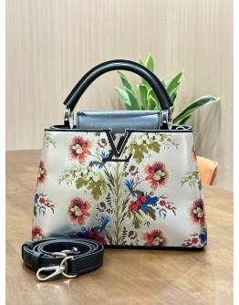 LOUIS VUITTON CAPUCINE IN ROMAN FLORAL PRINTS WITH SILVER CALF LEATHER SILVER HARDWARE 