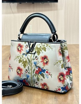LOUIS VUITTON CAPUCINE IN ROMAN FLORAL PRINTS WITH SILVER CALF LEATHER SILVER HARDWARE 