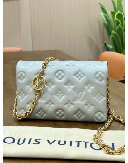 LOUIS VUITTON POCHETTE COUSSIN IN SILVER LAMBSKIN EMBOSSED MONOGRAM LEATHER 