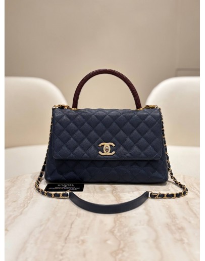 CHANEL COCO TOP HANDLE SMALL LIZARD BLUE CAVIAR LEATHER BAG