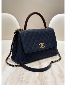 CHANEL COCO TOP HANDLE SMALL LIZARD BLUE CAVIAR LEATHER BAG