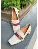 GUCCI PEYTON LEATHER PEARL EMBELLISHED MARMONT BLOCK HEEL LOAFERS WITH RED & BLUE WEB STRAP