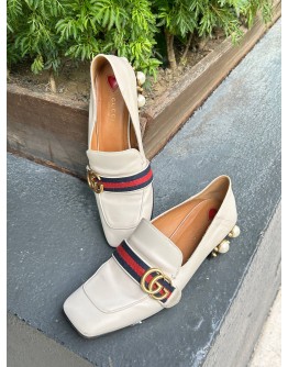 GUCCI PEYTON LEATHER PEARL EMBELLISHED MARMONT BLOCK HEEL LOAFERS WITH RED & BLUE WEB STRAP