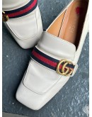 GUCCI PEYTON LEATHER PEARL EMBELLISHED MARMONT BLOCK HEEL LOAFERS WITH RED & BLUE WEB STRAP