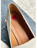 GUCCI PEYTON LEATHER PEARL EMBELLISHED MARMONT BLOCK HEEL LOAFERS WITH RED & BLUE WEB STRAP
