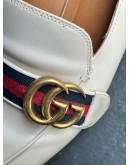 GUCCI PEYTON LEATHER PEARL EMBELLISHED MARMONT BLOCK HEEL LOAFERS WITH RED & BLUE WEB STRAP
