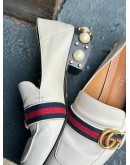 GUCCI PEYTON LEATHER PEARL EMBELLISHED MARMONT BLOCK HEEL LOAFERS WITH RED & BLUE WEB STRAP