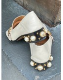GUCCI PEYTON LEATHER PEARL EMBELLISHED MARMONT BLOCK HEEL LOAFERS WITH RED & BLUE WEB STRAP