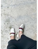 GUCCI PEYTON LEATHER PEARL EMBELLISHED MARMONT BLOCK HEEL LOAFERS WITH RED & BLUE WEB STRAP