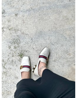 GUCCI PEYTON LEATHER PEARL EMBELLISHED MARMONT BLOCK HEEL LOAFERS WITH RED & BLUE WEB STRAP