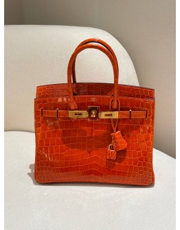 HERMES SHINY NILOTICUS CROCODILE BIRKIN 30 IN ORANGE WITH GOLD HARDWARE (STAMP P)