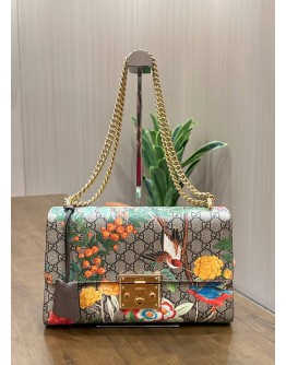 GUCCI GG SUPREME TIAN PADLOCK SHOULDER CHAIN BAG FEATURES VIBRANT FLORAL & BIRD WITH GG CANVAS 