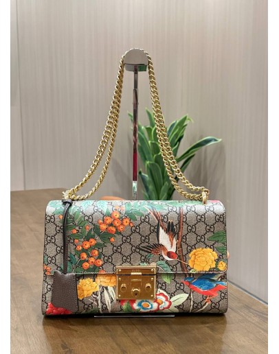 GUCCI GG SUPREME TIAN PADLOCK SHOULDER CHAIN BAG FEATURES VIBRANT FLORAL & BIRD WITH GG CANVAS 