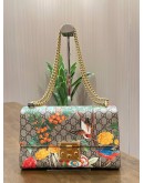 GUCCI GG SUPREME TIAN PADLOCK SHOULDER CHAIN BAG FEATURES VIBRANT FLORAL & BIRD WITH GG CANVAS 