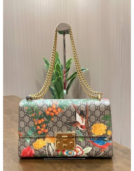 GUCCI GG SUPREME TIAN PADLOCK SHOULDER CHAIN BAG FEATURES VIBRANT FLORAL & BIRD WITH GG CANVAS 