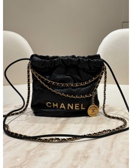 CHANEL 22 MINI BLACK CALFSKIN LEATHER TOTE SHOULDER GOLD CHAIN BAG