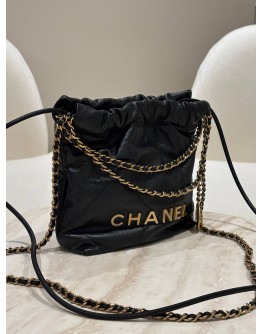 CHANEL 22 MINI BLACK CALFSKIN LEATHER TOTE SHOULDER GOLD CHAIN BAG
