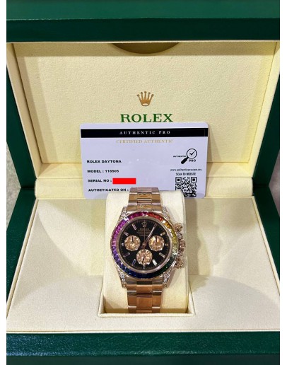 ROLEX DAYTONA REF 116505 18K 750 EVEROSE GOLD UPGRADE 116595RBOW RAINBOW SAPPHIRE BLACK DIAL 40MM AUTOMATIC WATCH