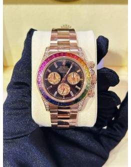 ROLEX DAYTONA REF 116505 18K 750 EVEROSE GOLD UPGRADE 116595RBOW RAINBOW SAPPHIRE BLACK DIAL 40MM AUTOMATIC WATCH