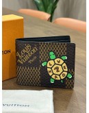 LOUIS VUITTON X NIGO GIANT DAMIER EBENE TORTOISE MULTIPLE WALLET FEATURES WITH PLAYFUL CARTOON TURTLE GRAPHIC " LV MADE " ON SHELL 