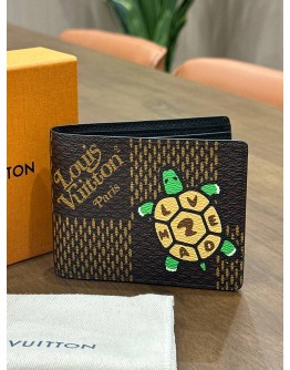 LOUIS VUITTON X NIGO GIANT DAMIER EBENE TORTOISE MULTIPLE WALLET FEATURES WITH PLAYFUL CARTOON TURTLE GRAPHIC " LV MADE " ON SHELL 