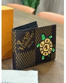 LOUIS VUITTON X NIGO GIANT DAMIER EBENE TORTOISE MULTIPLE WALLET FEATURES WITH PLAYFUL CARTOON TURTLE GRAPHIC " LV MADE " ON SHELL 