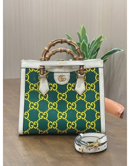 GUCCI BAMBOO GG DIANA SATCHEL IN GREEN & WHITE PRINTED LEATHER COLOURWAY WITH STRIKING YELLOW GG MONOGRAM 