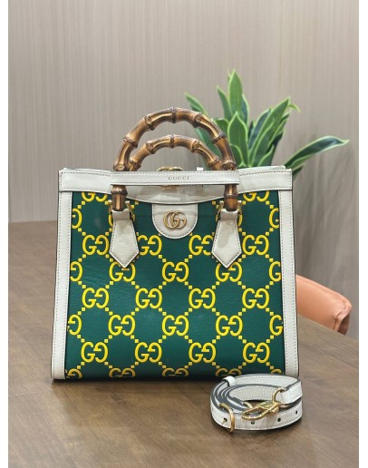 GUCCI BAMBOO GG DIANA SATCHEL IN GREEN & WHITE PRINTED LEATHER COLOURWAY WITH STRIKING YELLOW GG MONOGRAM 