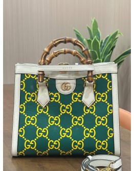GUCCI BAMBOO GG DIANA SATCHEL IN GREEN & WHITE PRINTED LEATHER COLOURWAY WITH STRIKING YELLOW GG MONOGRAM 