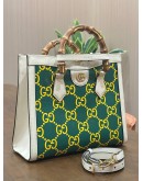 GUCCI BAMBOO GG DIANA SATCHEL IN GREEN & WHITE PRINTED LEATHER COLOURWAY WITH STRIKING YELLOW GG MONOGRAM 