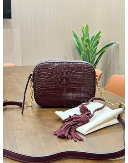 TORY BURCH MCGRAW CAMERA BAG IN BURGUNDY CROC EMBOSSED LEATHER & GOLD HARDWARE 