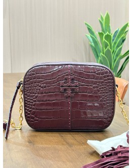 TORY BURCH MCGRAW CAMERA BAG IN BURGUNDY CROC EMBOSSED LEATHER & GOLD HARDWARE 