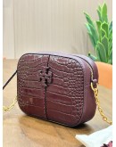 TORY BURCH MCGRAW CAMERA BAG IN BURGUNDY CROC EMBOSSED LEATHER & GOLD HARDWARE 