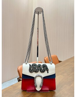 GUCCI DIONYSUS CHAIN SHOULDER BAG IN BLUE, RED & WHITE CRYSTAL BEADED EMBROIDERED SNAKE 