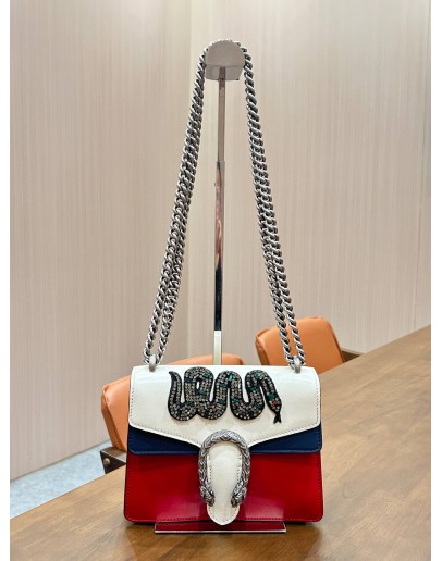 GUCCI DIONYSUS CHAIN SHOULDER BAG IN BLUE, RED & WHITE CRYSTAL BEADED EMBROIDERED SNAKE 